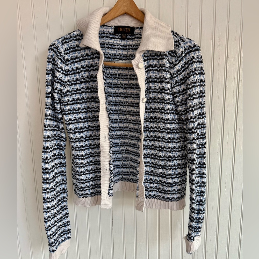 Truth By Republic Quiet Luxury Knit Cardigan XS Blue with Cream Trim